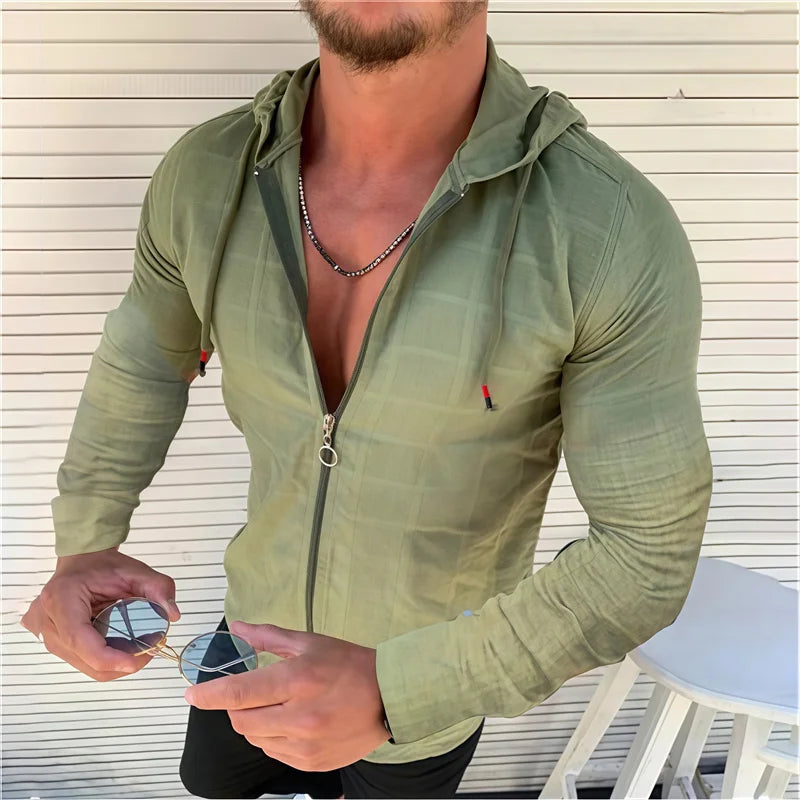 5 colors available for men's hooded zipper plaid polka dot long-sleeved shirt Slim fit breathable fashionable casual men's tops