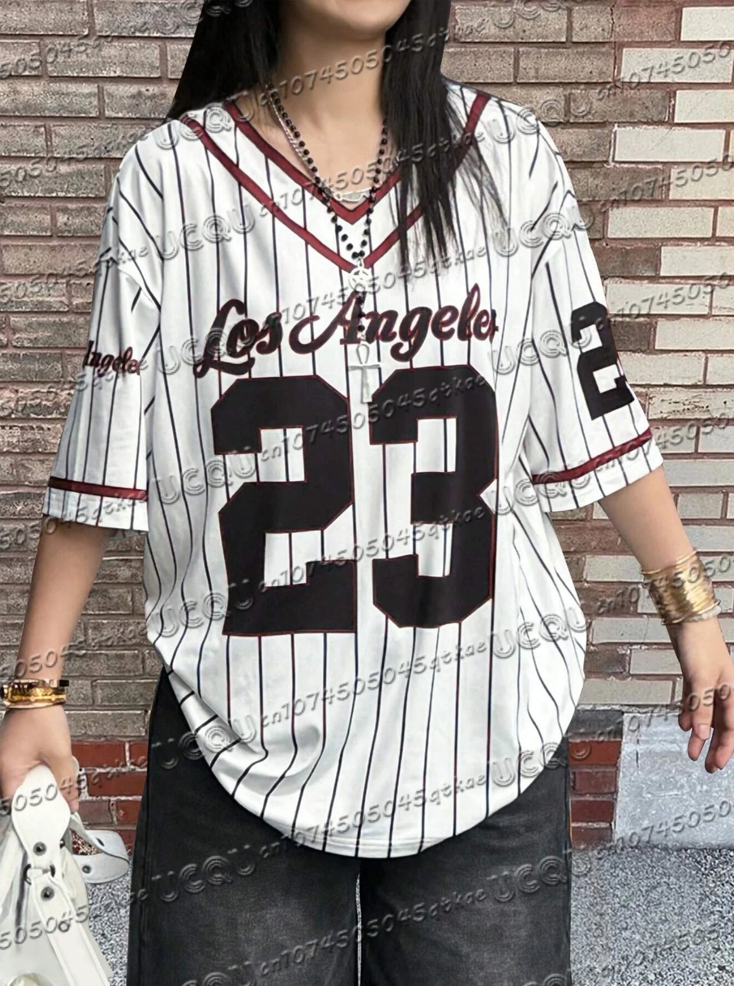 2025 Women Los Angeles Number 23 Print V-Neck Short Sleeve T-Shirt Summer Tee Baseball Jerseys Stripe Oversized Sport T-Shirt