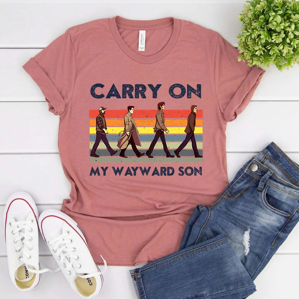 Supernatural Carry on My Wayward Son Vintage T-Shirt Sam and Dean Winchester Brothrs Shirt Trendy Abbey Road Winchester 2025 Top