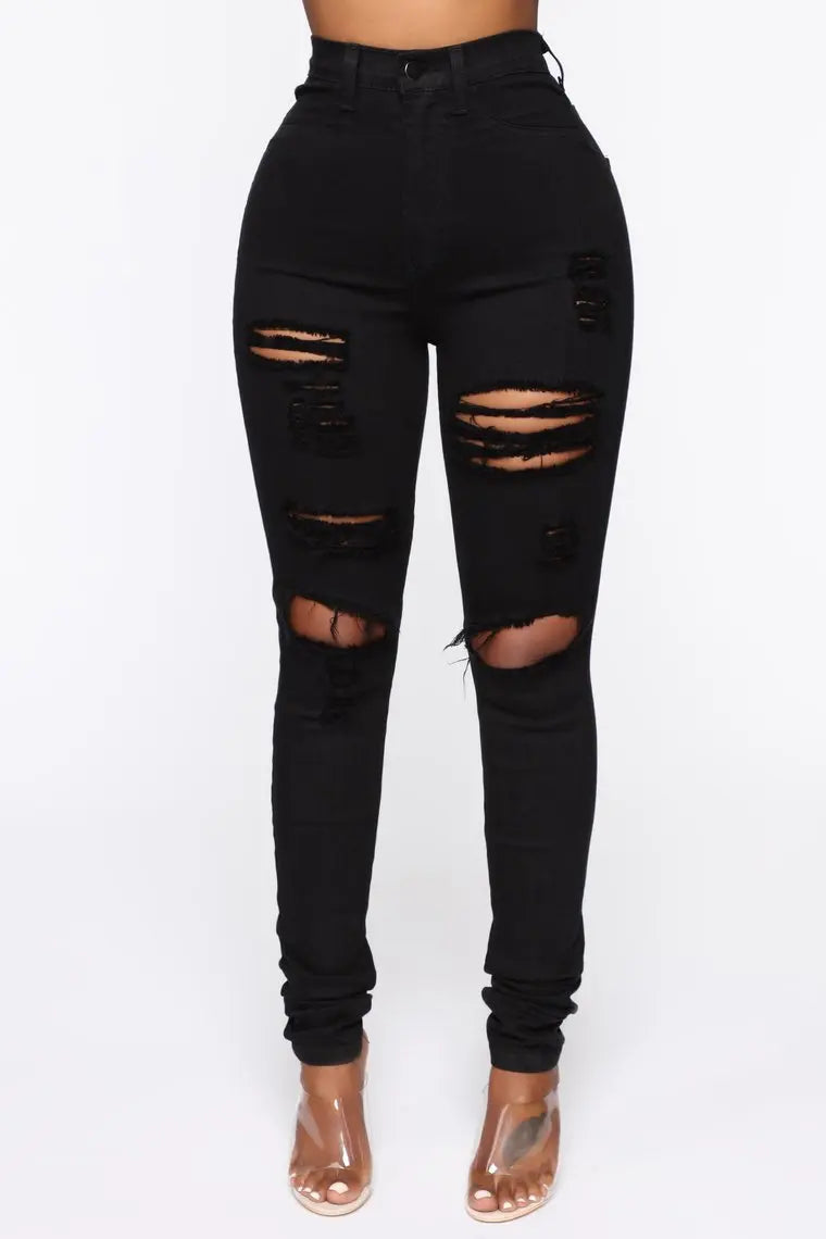 Women Jeans "Black Ripped Jeans For Women Fashion High Waist Denim Pencil Pants Stretch Slim Skinny Trousers"