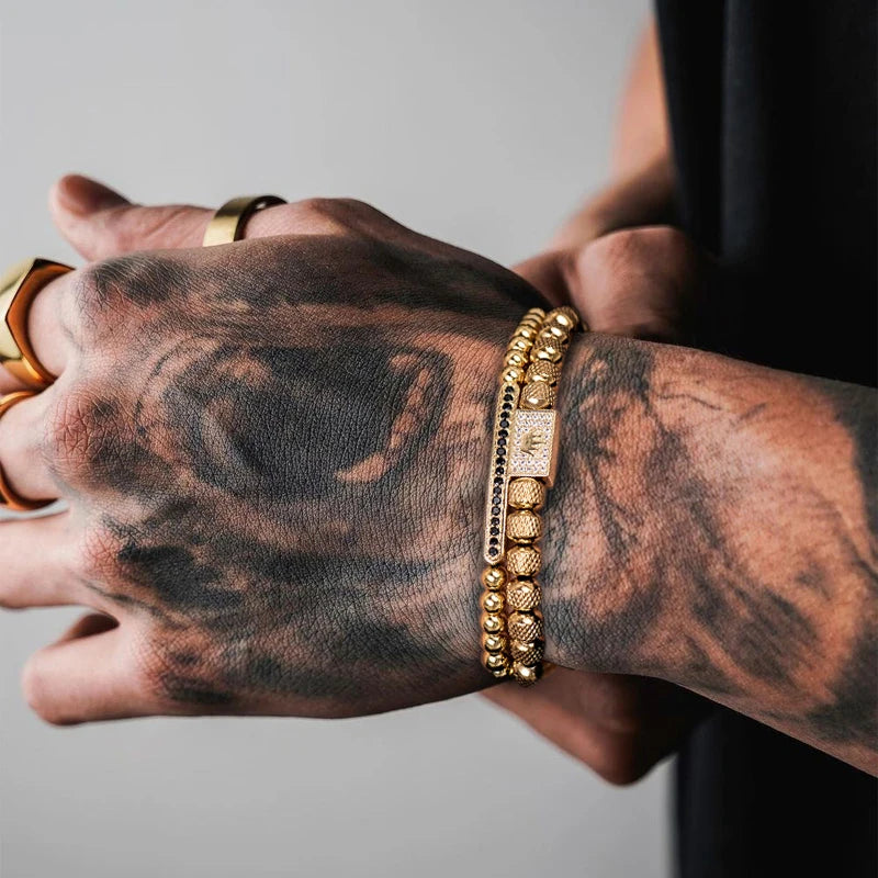 Unisex Jewelry & Accessories "2pcs/set Charm Bracelet Men Stainless Steel Bracelet Beads Gold Color Bracelet"