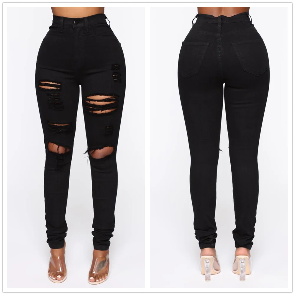Women Jeans "Black Ripped Jeans For Women Fashion High Waist Denim Pencil Pants Stretch Slim Skinny Trousers"