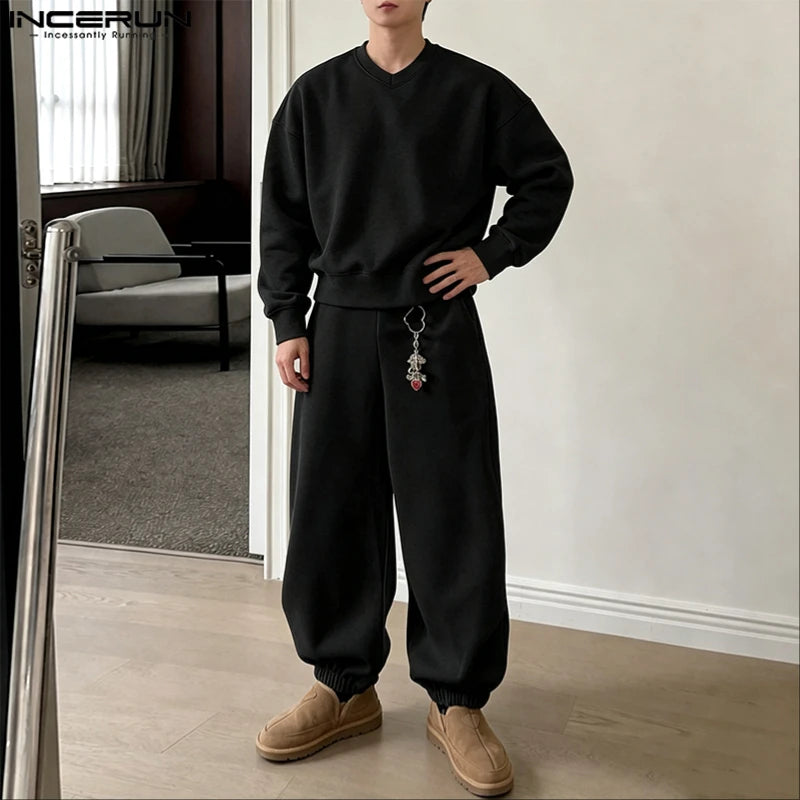 Men Matching Set "INCERUN Men's Sets Solid Color Loose V Neck Long Sleeve Hoodies Pants"