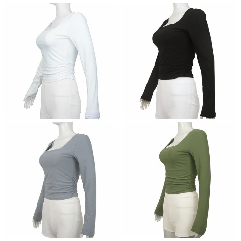 Women T-Shirt & Polo ""Square-Cut Collar T-shirt Slim Long Sleeve Tops Sexy"