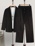 Men Matching Set "Textured Blazer Outfits, Black Lapel Jacket & Drawstring Pants Set"