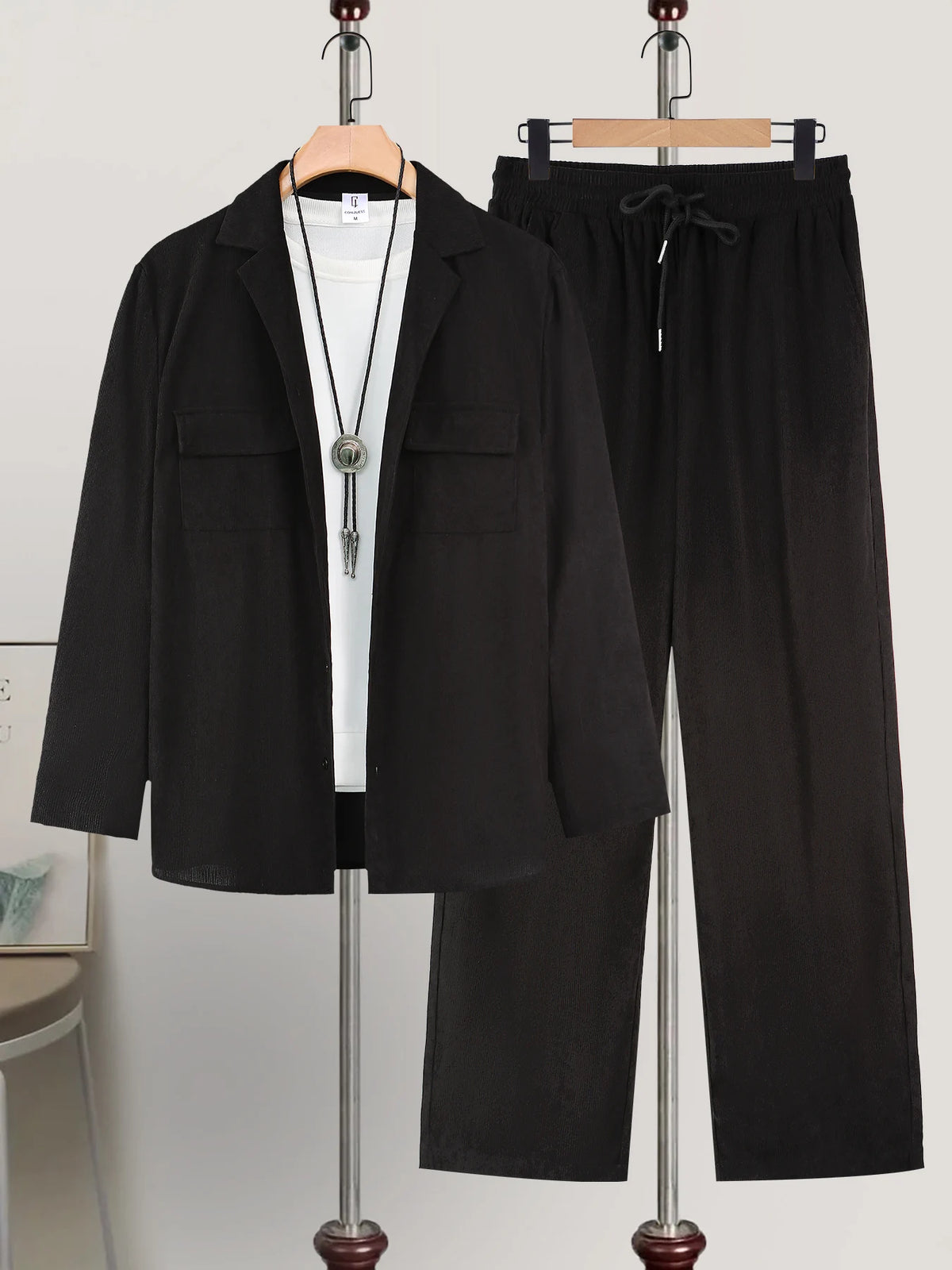Men Matching Set "Textured Blazer Outfits, Black Lapel Jacket & Drawstring Pants Set"