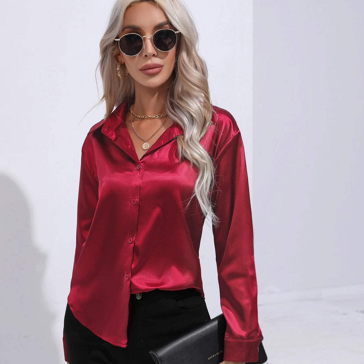 Women Blouse & Shirt "Autumn Casual Women's Blouses Elegant Satin Multicolor Basic Slim Shirt"