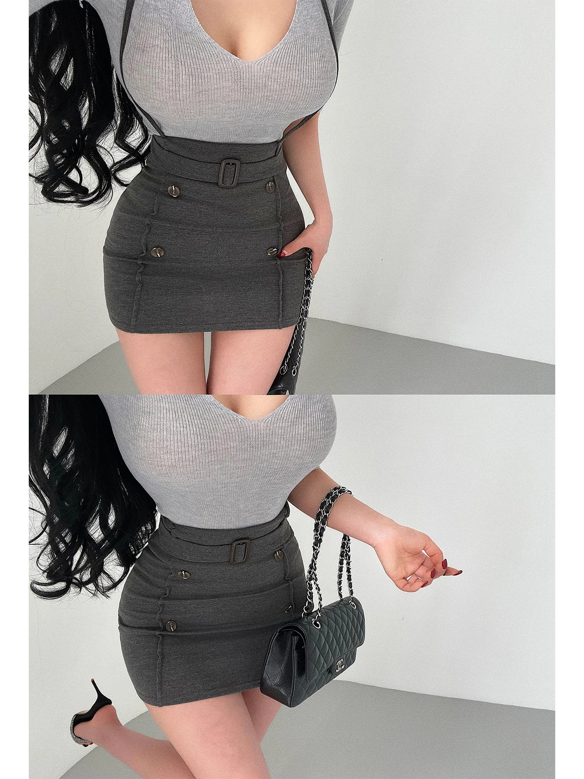Women Skirt "Sexy High Waist Short Skirt with Button Decoration Belted Hanging Neck Bodycon Half-length"