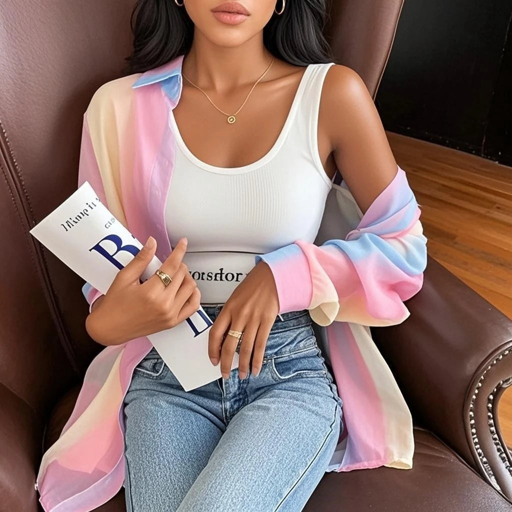 Women Blouse & Shirt "See-through Irregular Gradient Rainbow Long Sleeved Shirt And Blouses"