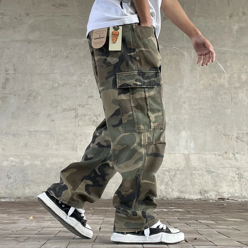 Men Cargo Pants "Retro American Street Loose Straight Leg Camouflage Milittary"