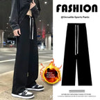 Women Casual Jogger Pants High Waist Elastic Cuff Sweatpants 2025 New American Style Loose Wide Leg Warm Fleece Lined Pants for