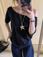 Women T-shirts & Polo "Off Shoulder Solid Short Sleeve Summer Chic Loose Casual Daily Simple Sexy"