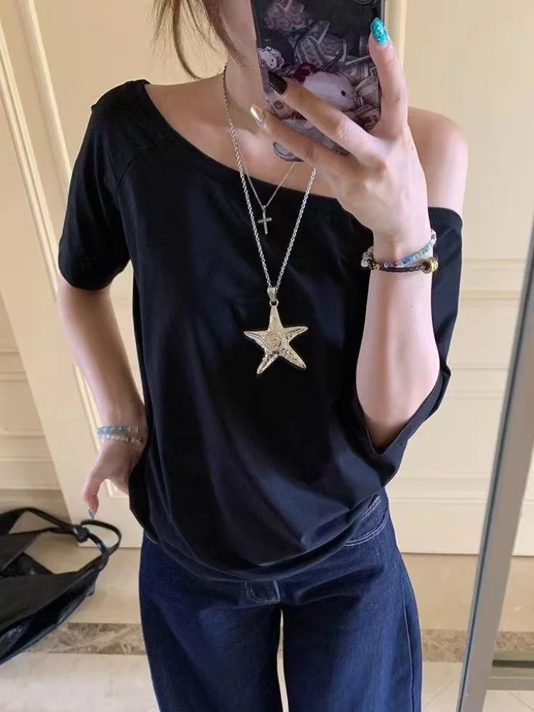Women T-shirts & Polo "Off Shoulder Solid Short Sleeve Summer Chic Loose Casual Daily Simple Sexy"