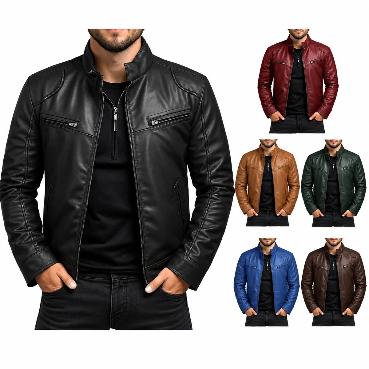 Men Leather Jacket "Asian Size Men's Motorcycle Leather Jacket Stand Collar Punk Biker Jacket"