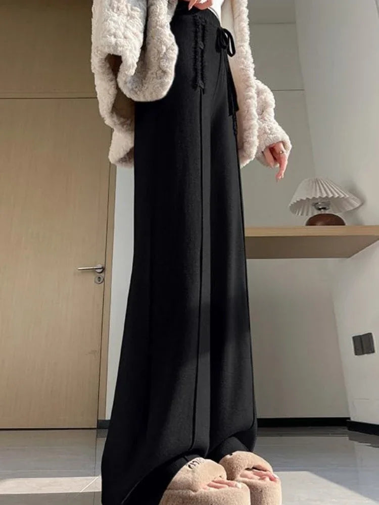 Women Trouser "Fall Winter Thick Draping High Waist Straight Cashmere Floor Length Trousers"