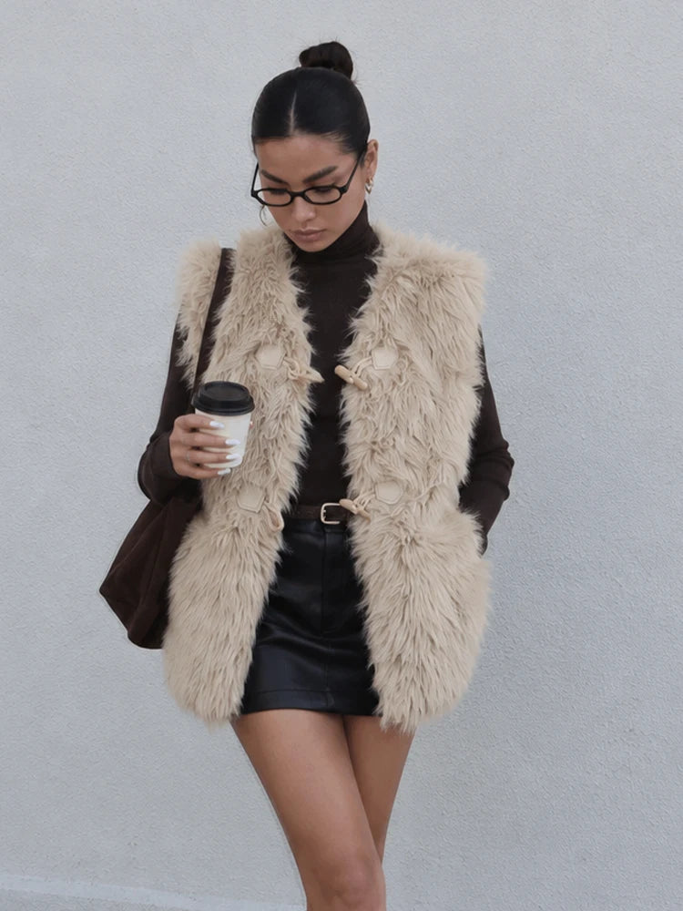 Women Coat & Jacket "HH Women Vintage Beige Faux Fur Vest V‑Neck Horn Button Sleeveless Plush Waistcoat"