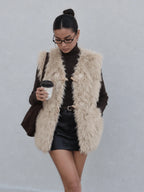 Women Coat & Jacket "HH Women Vintage Beige Faux Fur Vest V‑Neck Horn Button Sleeveless Plush Waistcoat"
