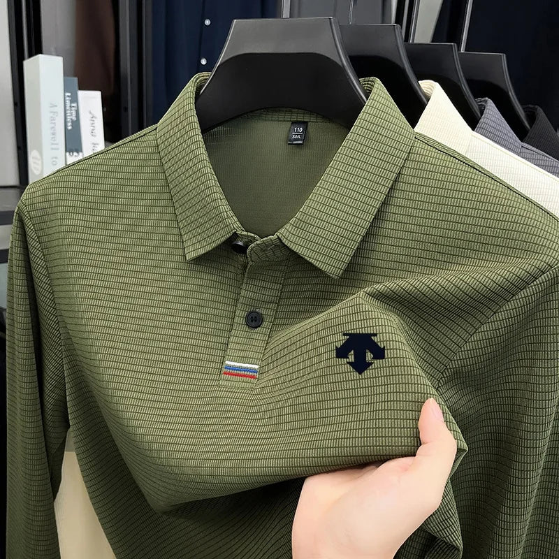 Men Polo Shirt "Luxury Quality Men's Printed Lapel Polo Shirt Wrinkle Resistant Solid Color Long Sleeve"