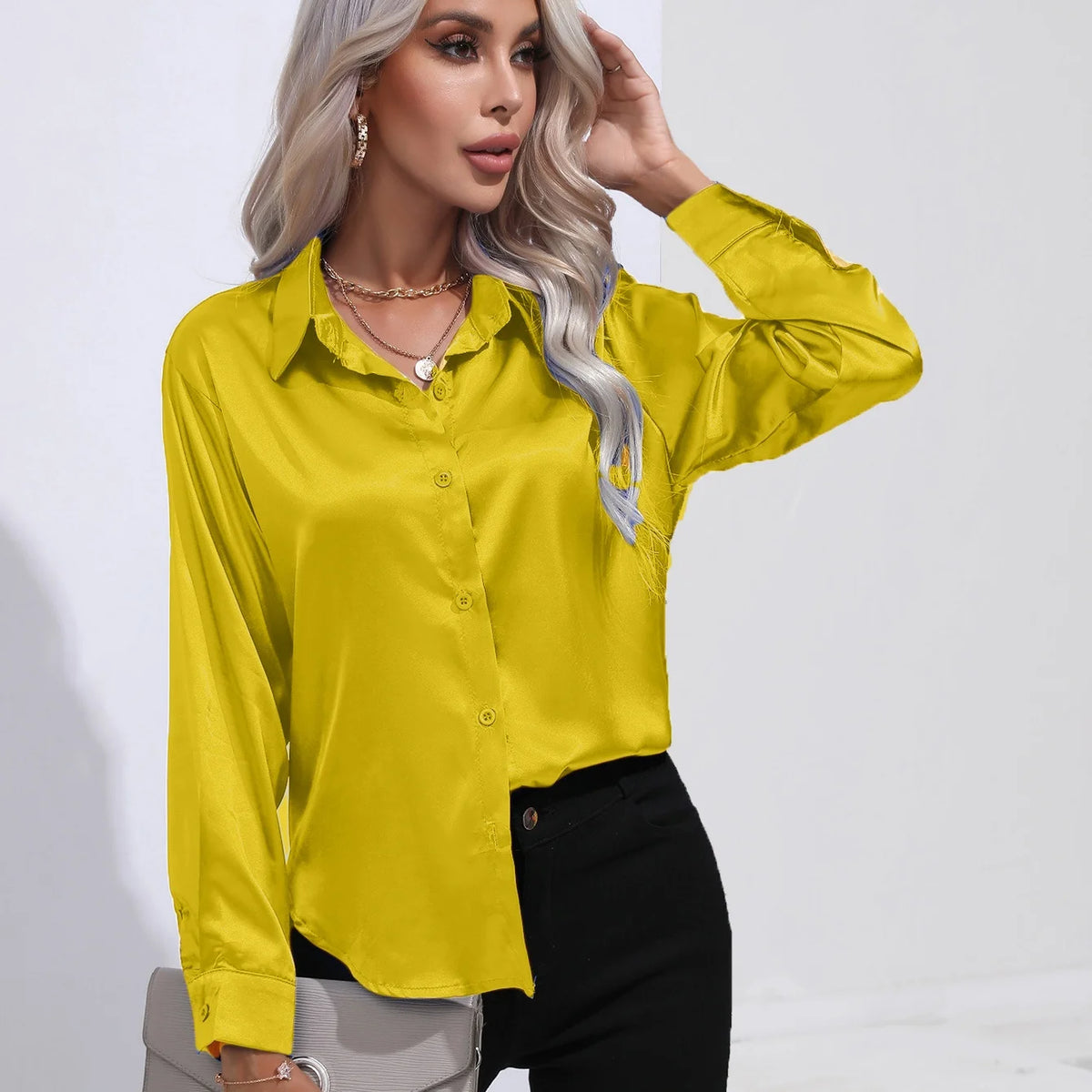 Women Blouse & Shirt "Autumn Casual Women's Blouses Elegant Satin Multicolor Basic Slim Shirt"
