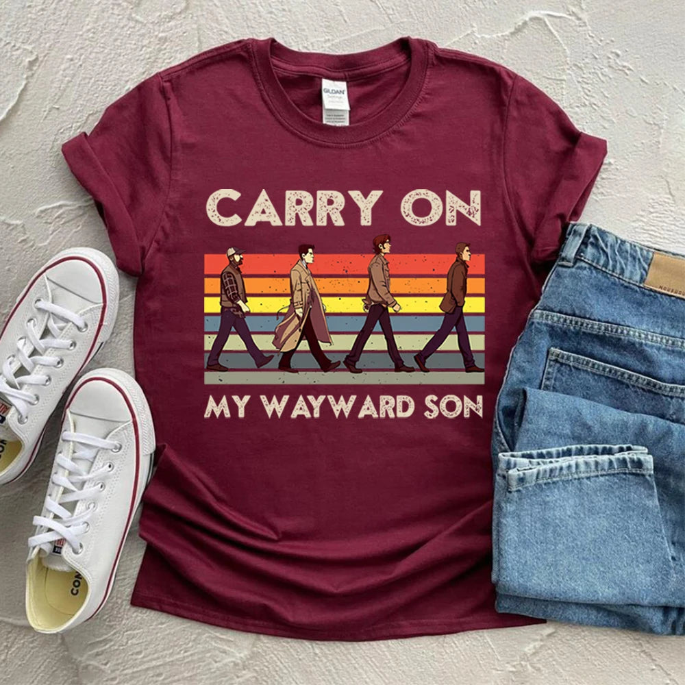 Supernatural Carry on My Wayward Son Vintage T-Shirt Sam and Dean Winchester Brothrs Shirt Trendy Abbey Road Winchester 2025 Top