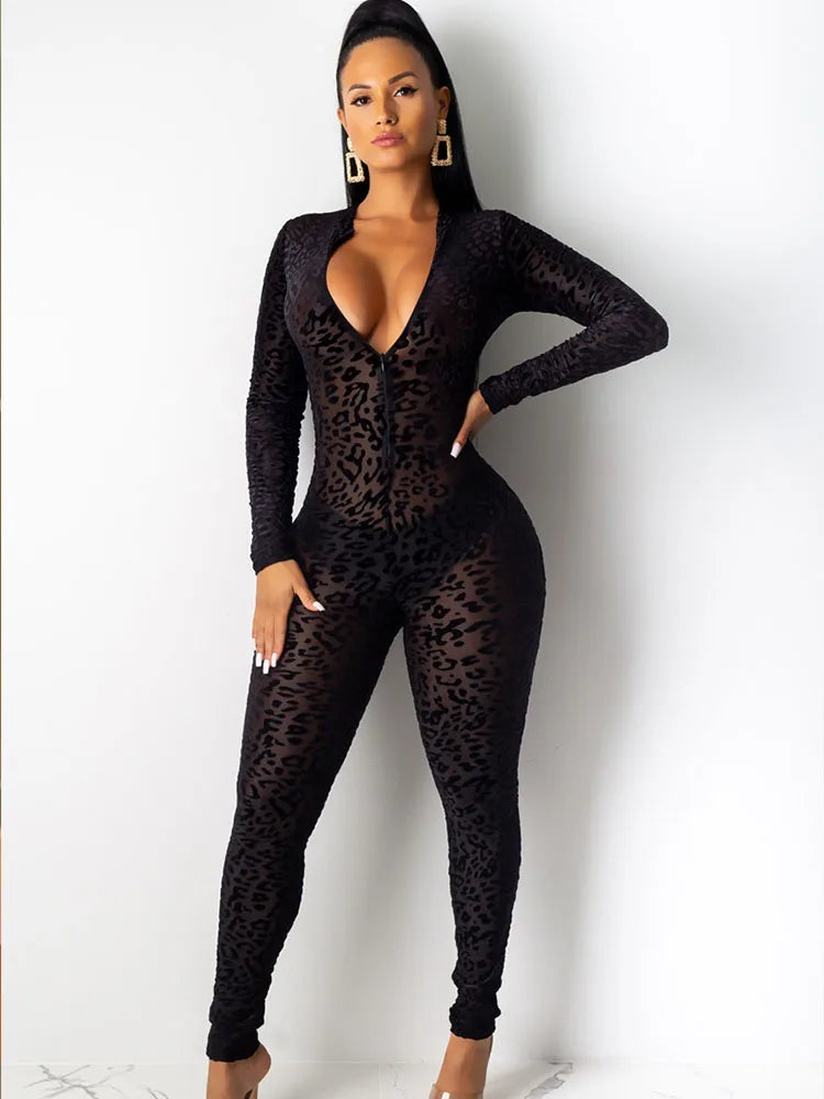 Women Jump Suit "Flocking Leopard Night Party Rompers Womens Jumpsuit"