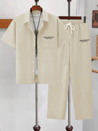 Men Matching Set "Haze Blue Short-Sleeve Collared Shirt Two-Piece Set"
