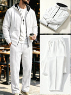Men Matching Set "Tracksuit Set Textured Full Zip Hooded Jacket + Drawstring Straight Pants"