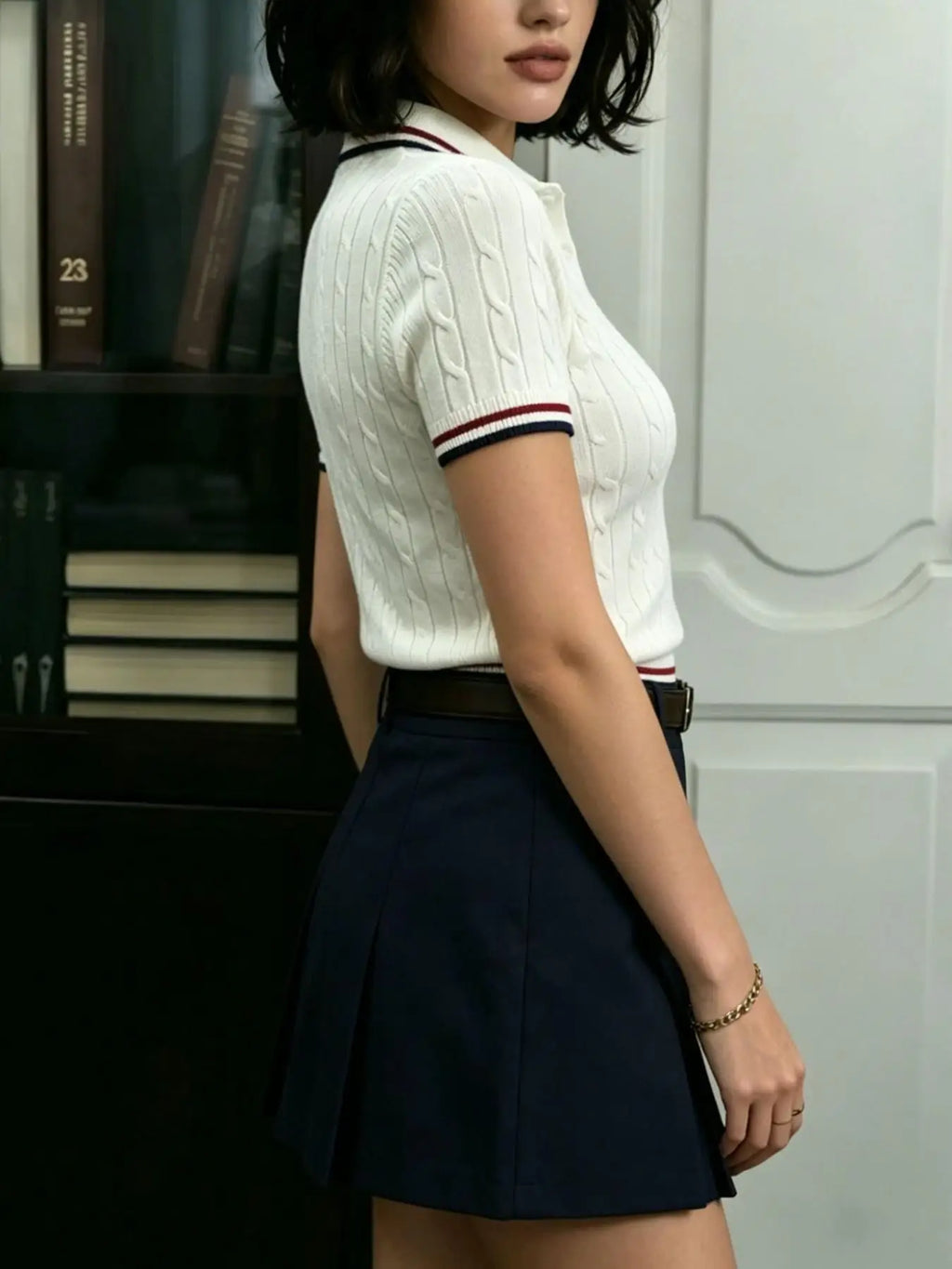 Women T-Shirt & Polo "Short Sleeved Polo Neck Casual Knitted Top, College Style"