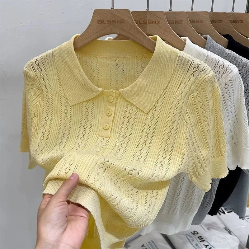 Women T-Shirt & Polo "Summer Women's Thin Knit Polo Shirt Hollow-Out Short Sleeve Top Knitted"