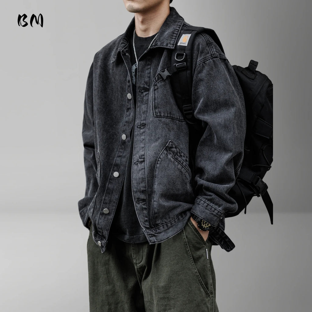 Men Denim Top"Vintage Heavyweight Denim Jacket Washed Distressed Style Lapel Collar Classic"