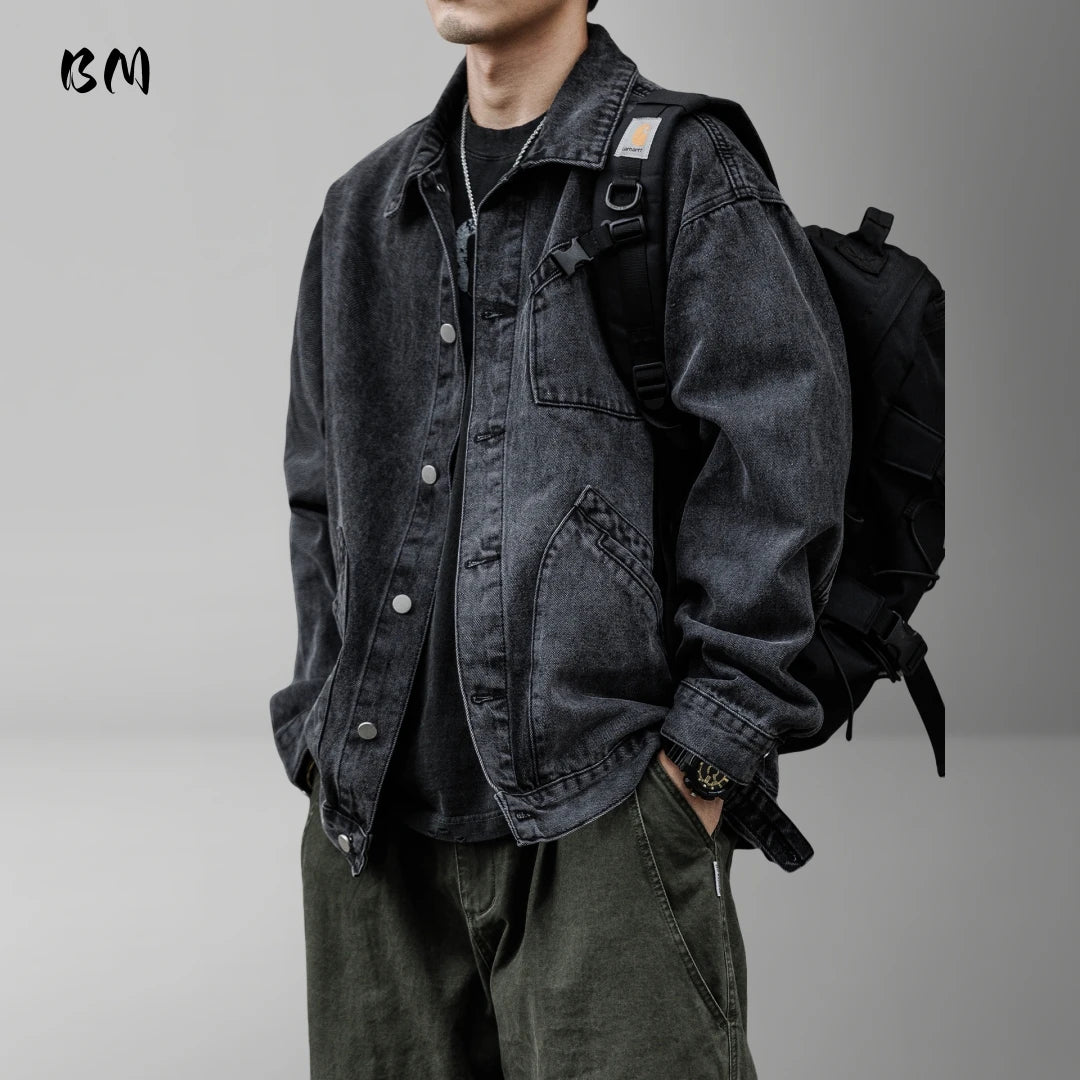 Men Denim Top"Vintage Heavyweight Denim Jacket Washed Distressed Style Lapel Collar Classic"