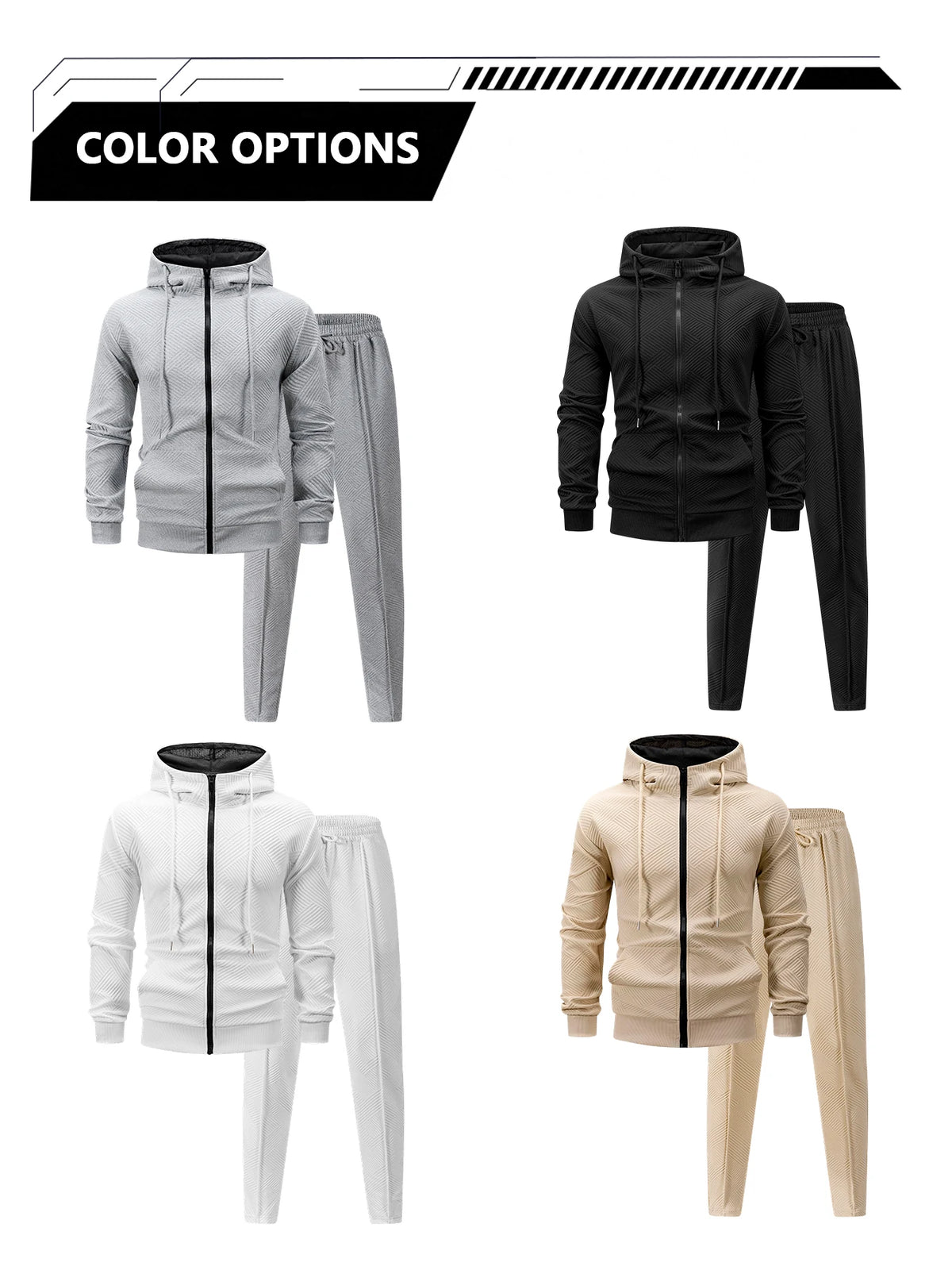 Men Matching Set "Tracksuit Set Textured Full Zip Hooded Jacket + Drawstring Straight Pants"