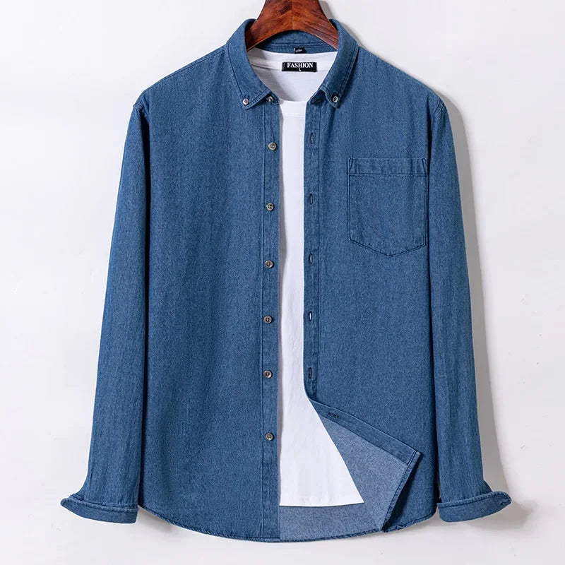 2025 Denim Long-Sleeve Double or Single  Pocket Design Shirt Classic 100% Cotton Fashion Embroider Comfortable Clothes