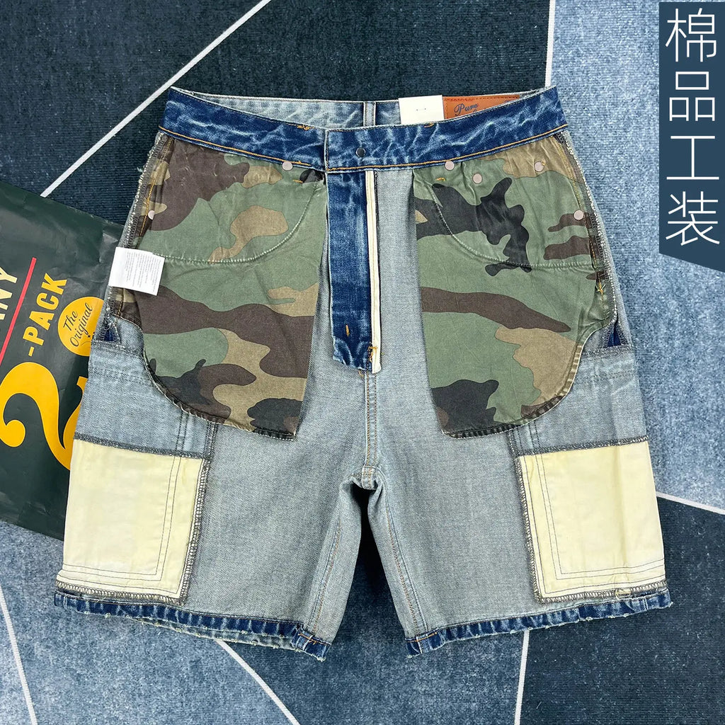 Men Short "Summer New American Retro Camouflage Patchwork Denim"