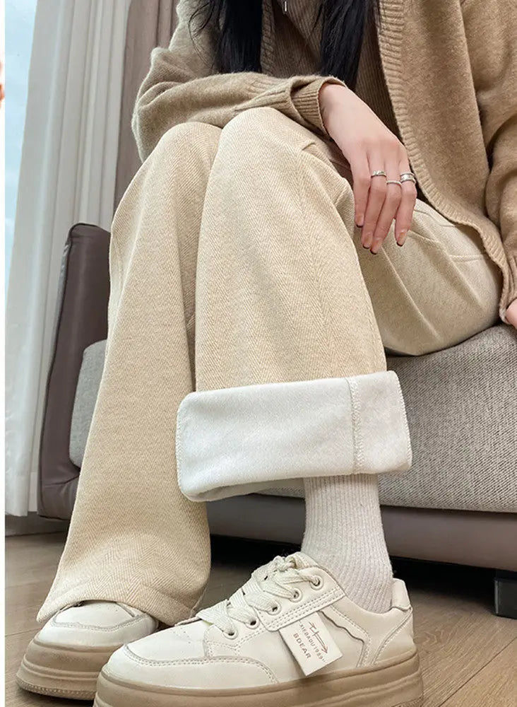 Women Trouser "Thickened Woolen Straight Leg Pants Women's High Waist Wide Leg Narrow Version Winter Autumn Fleece Lined Trousers Casual Pants"