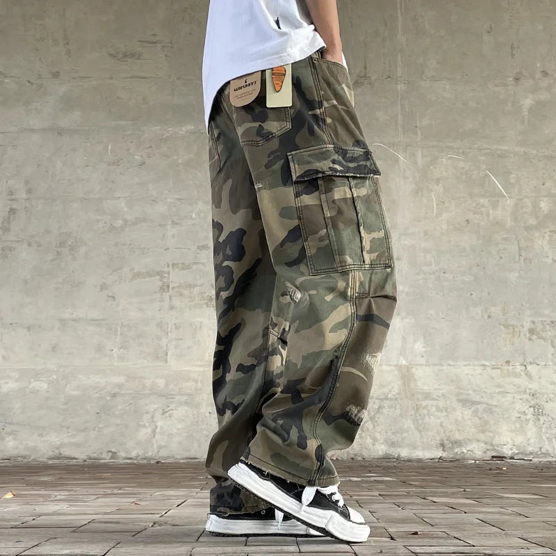 Men Cargo Pants "Retro American Street Loose Straight Leg Camouflage Milittary"