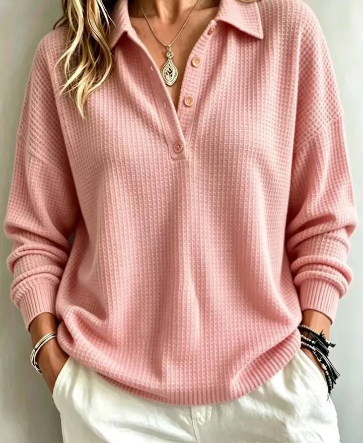 Women T-Shirt & Polo "Waffle Knit Polo Shirt Collar Half Button Long Sleeve Blouse"