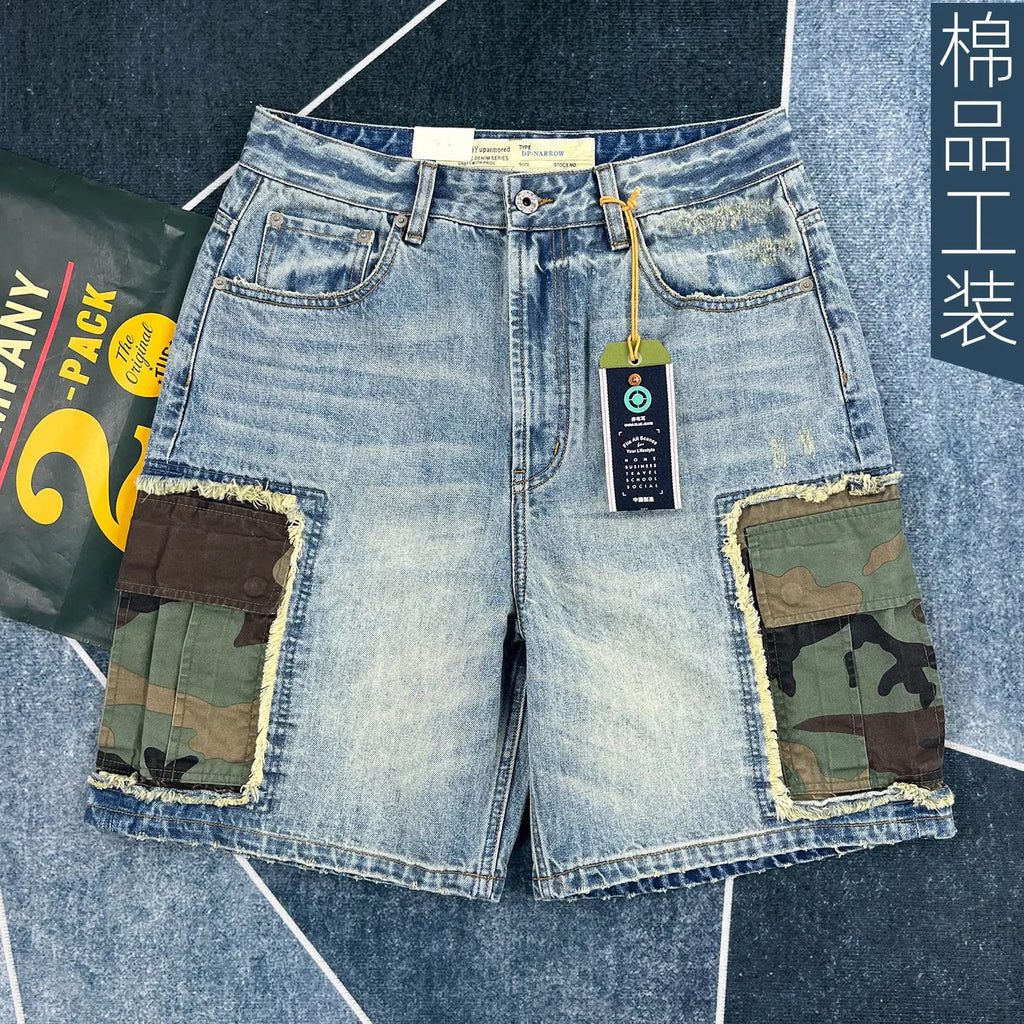 Men Short "Summer New American Retro Camouflage Patchwork Denim"