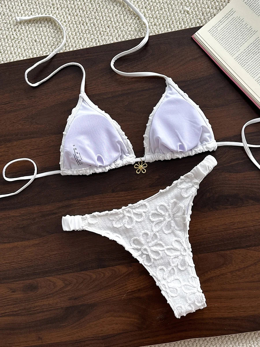 Women Bikini "2026 Flower Embroidery Halter Bikini Women Swimwear Female Swimsuit"