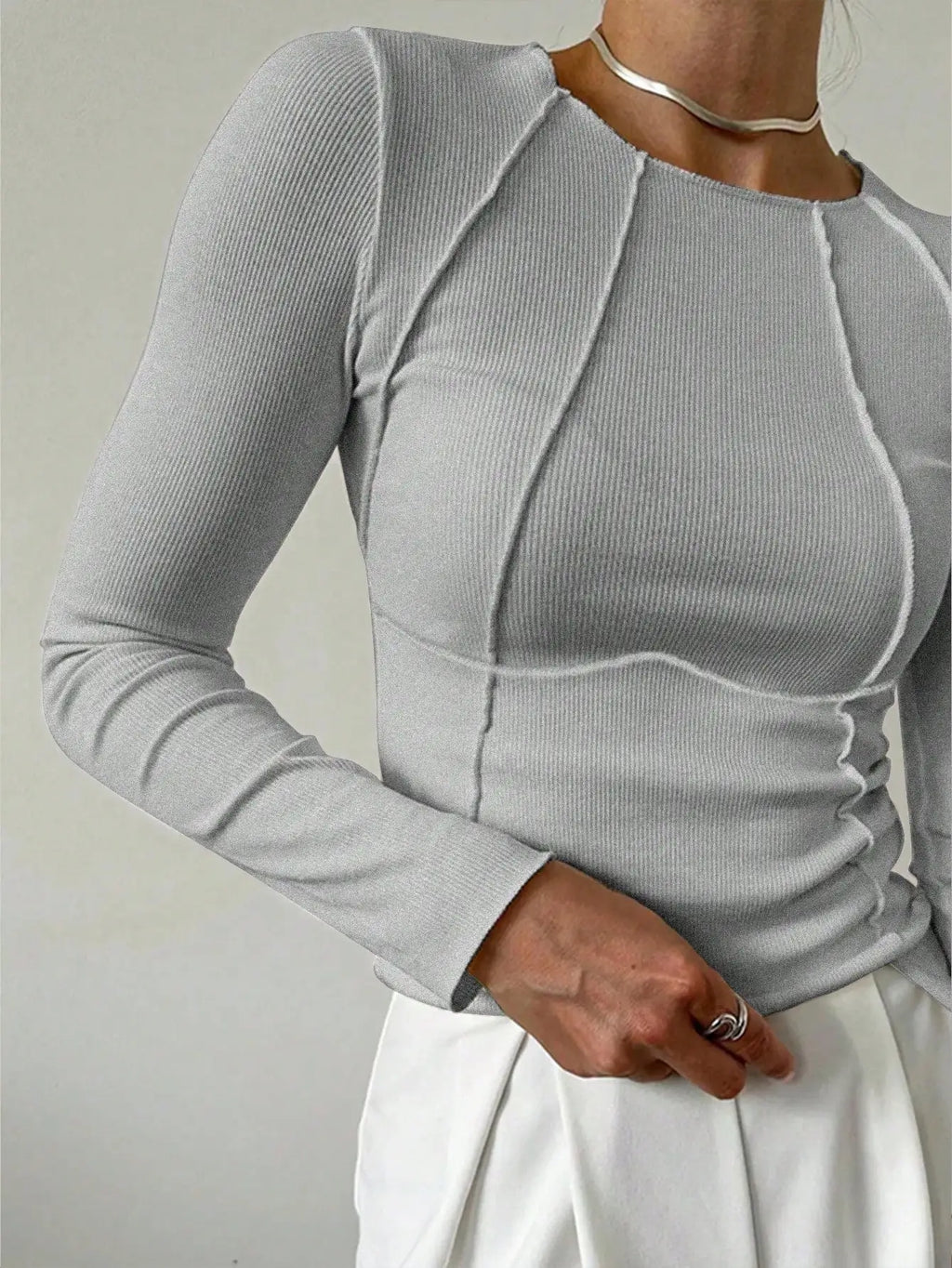 Women T-Shirts & Polo "Long Sleeve Ribbed Knit T-Shirt 2026 Autumn Slim Fit Cropped Top Wavy"