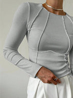 Women T-Shirts & Polo "Long Sleeve Ribbed Knit T-Shirt 2026 Autumn Slim Fit Cropped Top Wavy"