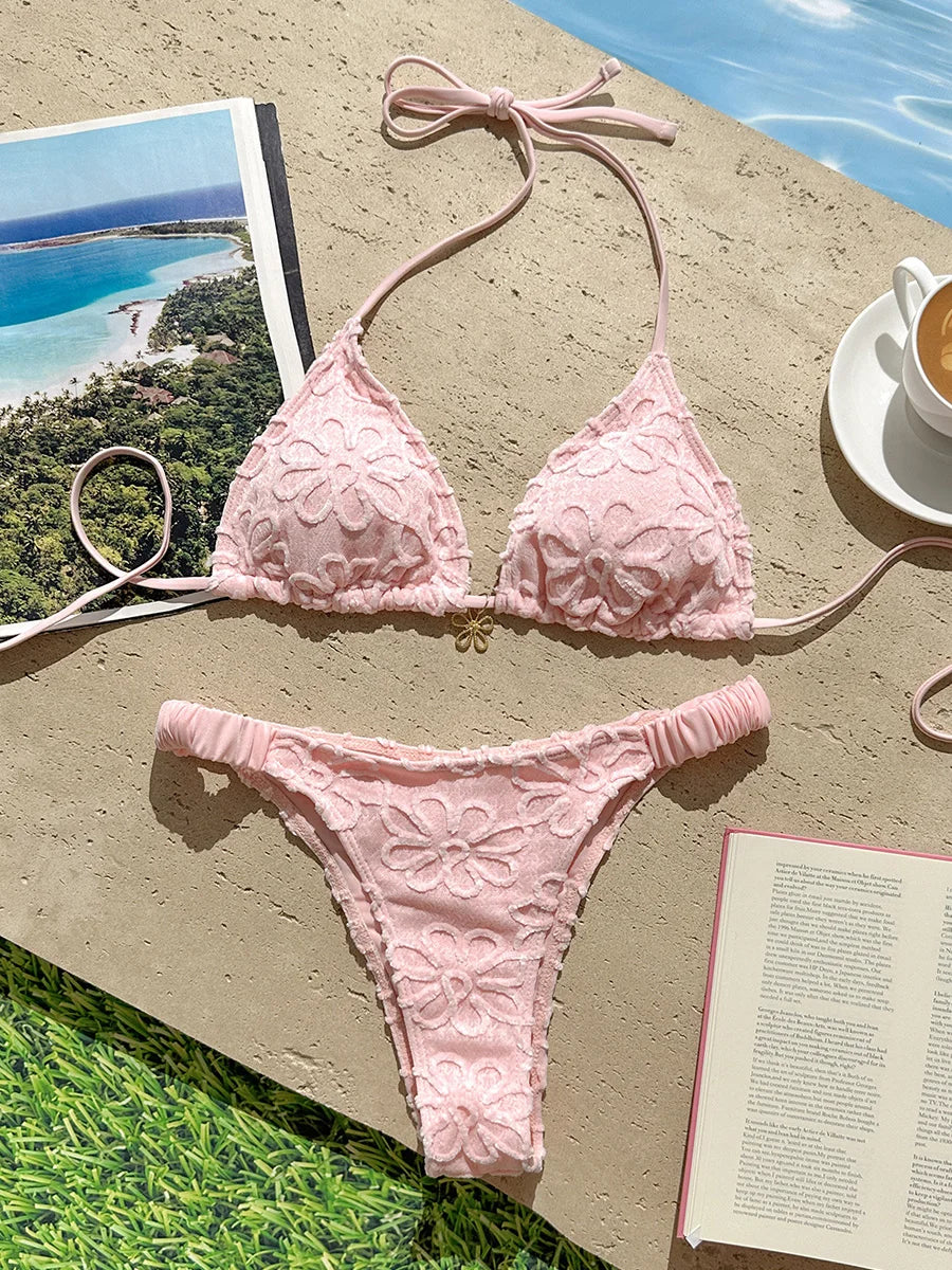 Women Bikini "2026 Flower Embroidery Halter Bikini Women Swimwear Female Swimsuit"