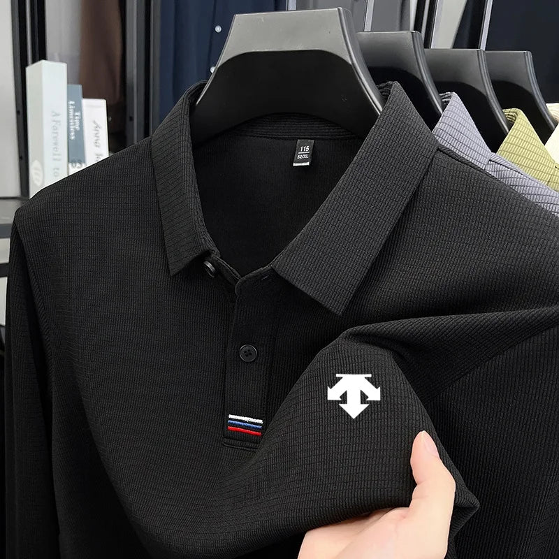 Men Polo Shirt "Luxury Quality Men's Printed Lapel Polo Shirt Wrinkle Resistant Solid Color Long Sleeve"