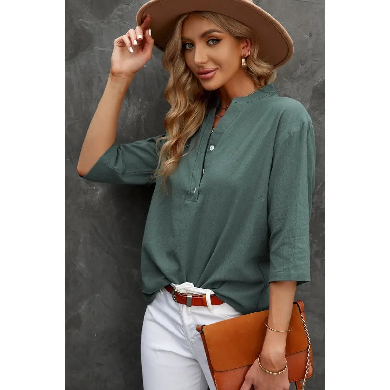 Women Blouse & Shirt "Casual Blouse Stand Collar Half Button Three Quarter"