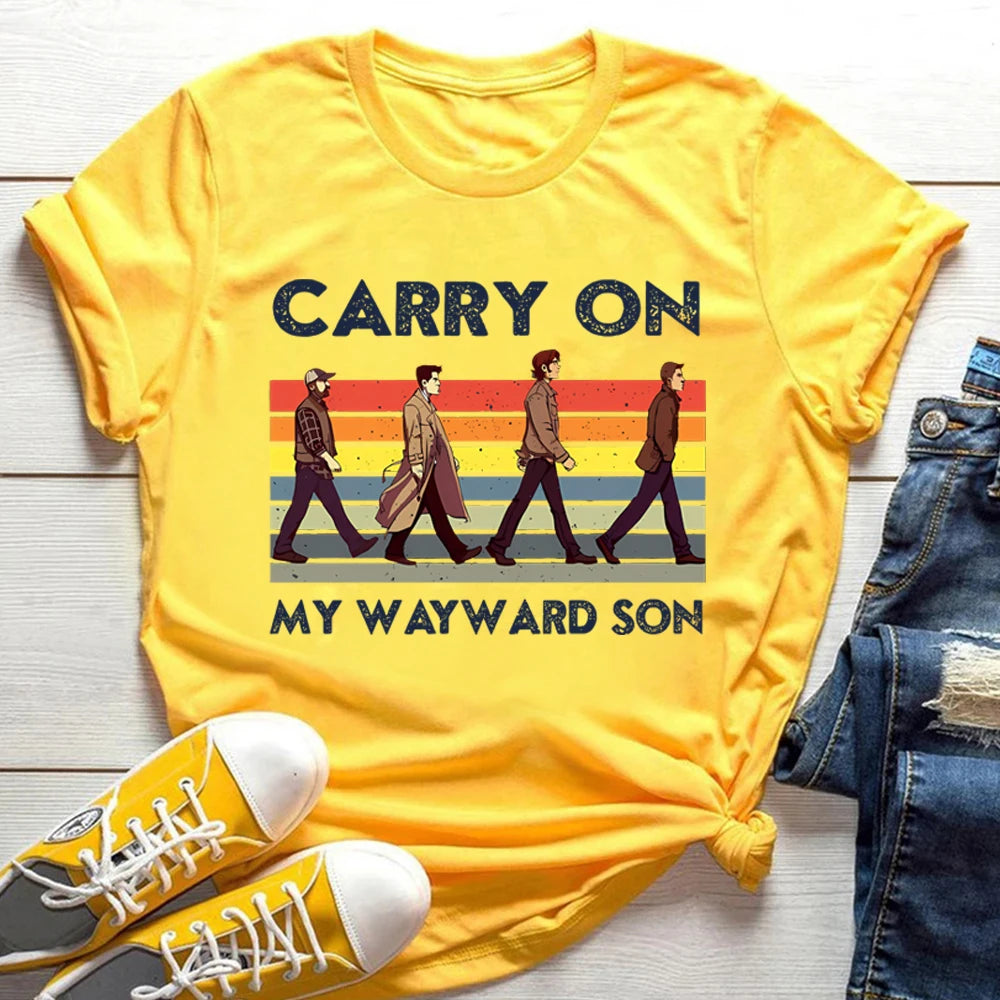 Supernatural Carry on My Wayward Son Vintage T-Shirt Sam and Dean Winchester Brothrs Shirt Trendy Abbey Road Winchester 2025 Top