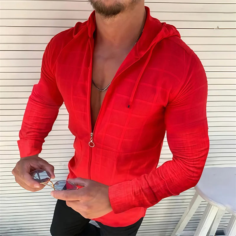 5 colors available for men's hooded zipper plaid polka dot long-sleeved shirt Slim fit breathable fashionable casual men's tops