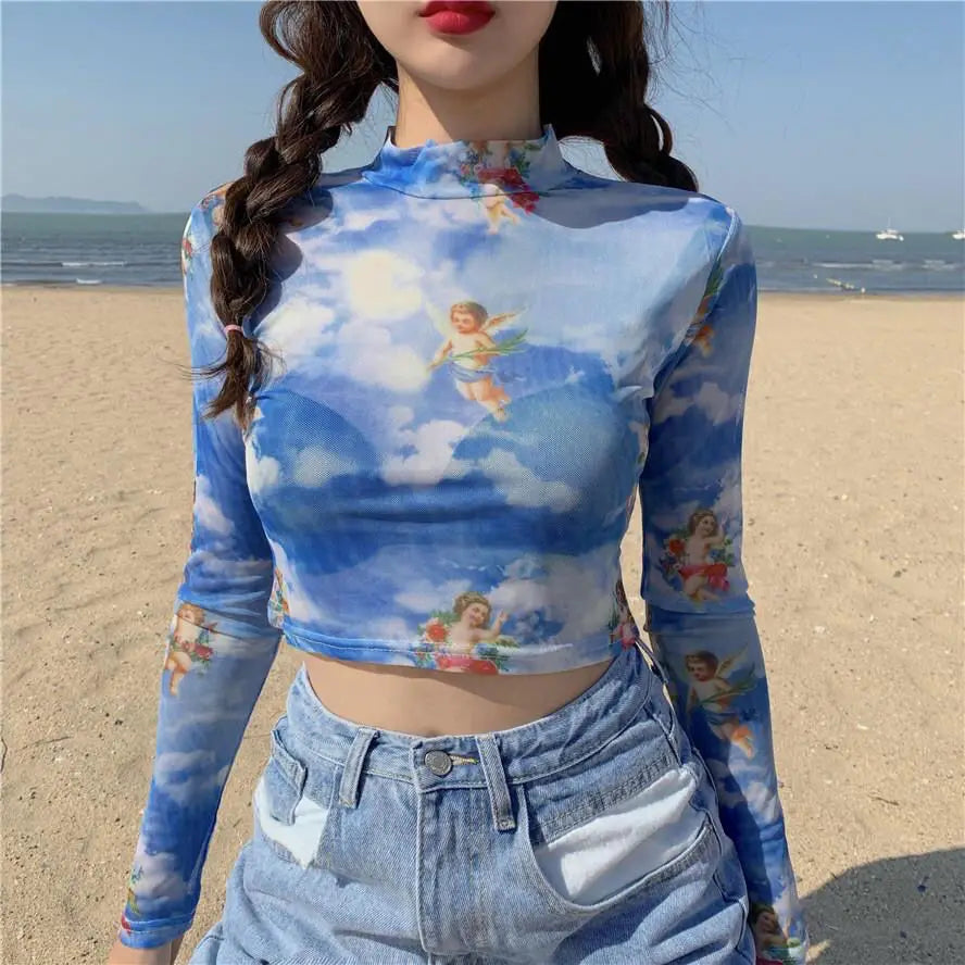 Black Mesh Angel Pattern T Shirt Sexy Crop Top Women Clothes Summer Long Sleeve Graphic Transparent Turtleneck Short Tshirts New
