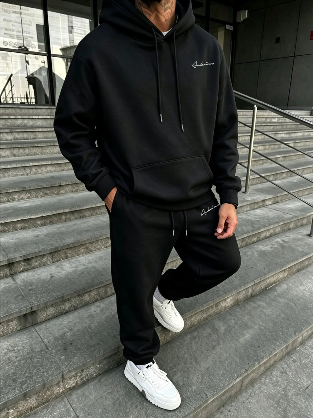 Men Matching Set "Premium Men's 2 Piece Hoodie Tracksuit, Exquisite Cursive Handwritten Signature"