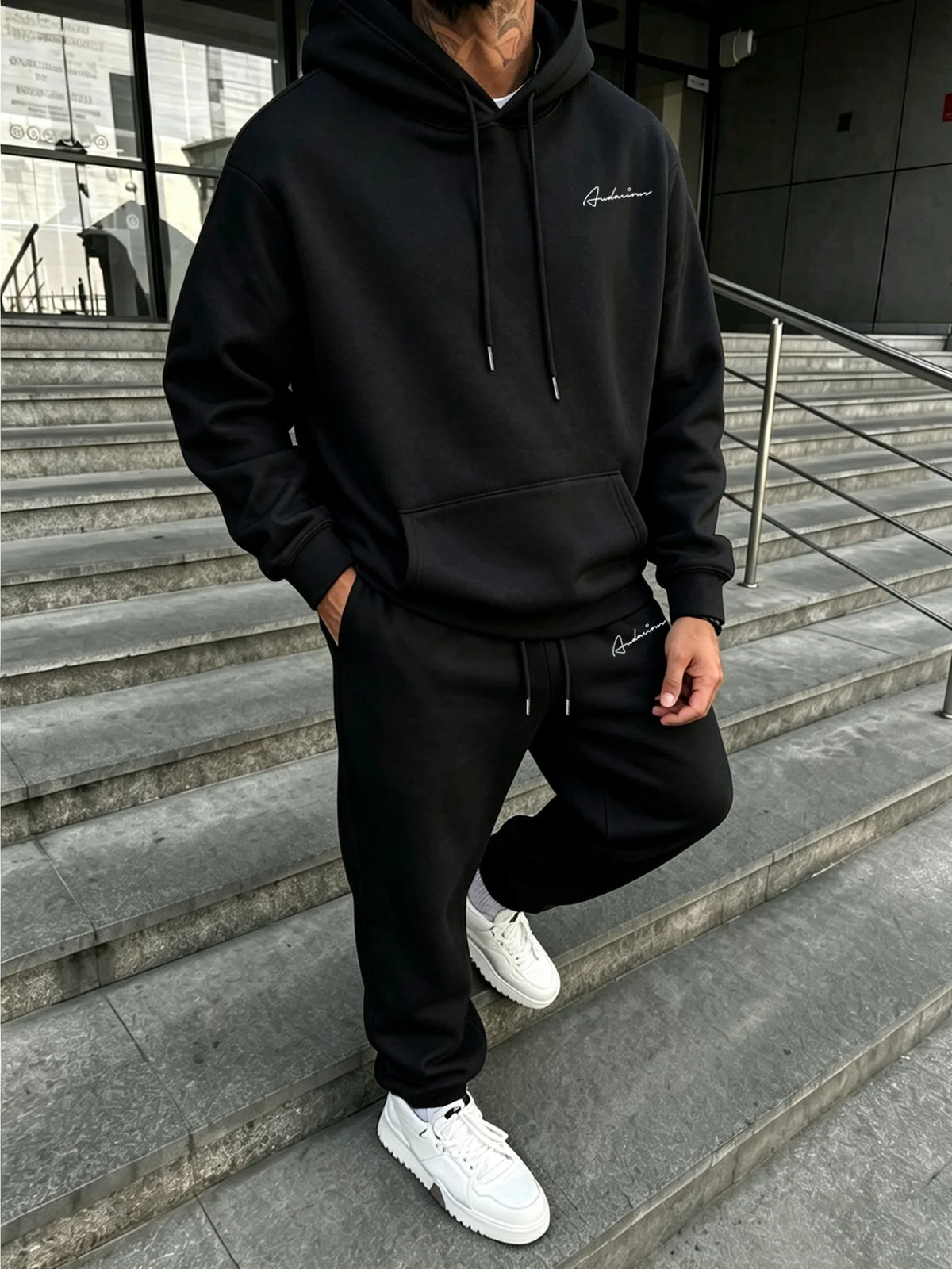 Men Matching Set "Premium Men's 2 Piece Hoodie Tracksuit, Exquisite Cursive Handwritten Signature"