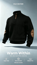 Men Sweater "Stand Collar Button Horse Embroidery Diamond Knit Pullover Elbow Patch"